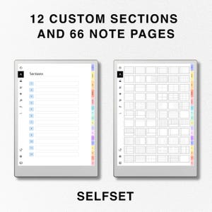 May include: A digital planner with 12 custom sections and 66 note pages. The planner is displayed on a computer screen with a white background. The planner has a light gray interface with a black header that says "Sections". The planner has a light blue sidebar with a rainbow of colors.