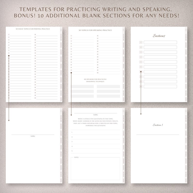 May include: A printable worksheet with blank sections for practicing writing and speaking. The worksheet includes 30 essay topics for writing practice, 30 topics for speaking practice, 30 speech ideas for practicing shadowing techniques, and 10 additional blank sections.