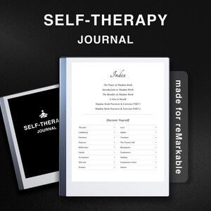 May include: A black and white image of a self-therapy journal with the text "SELF-THERAPY JOURNAL" at the top. The journal has a table of contents with the heading "Index" and a section titled "Discover Yourself". The journal is made for the reMarkable tablet.