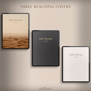 Op de afbeelding: Drie digitale journal covers met de tekst "Self-Therapy Journal" in gouden letters. De covers zijn een woestijnlandschap, zwart en wit.