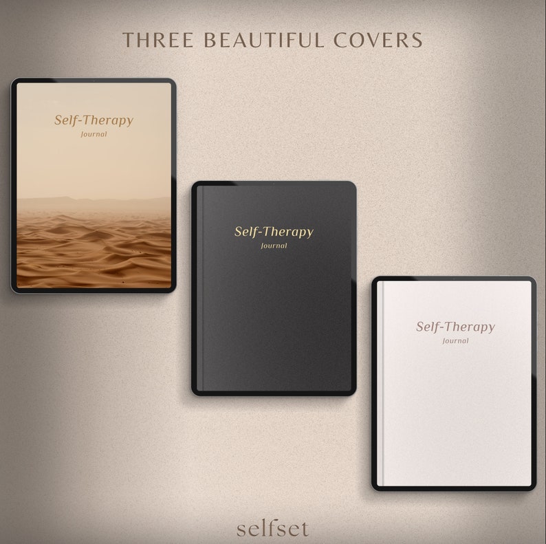 Op de afbeelding: Drie digitale journal covers met de tekst "Self-Therapy Journal" in gouden letters. De covers zijn een woestijnlandschap, zwart en wit.