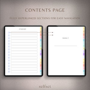 May include: A digital planner template with a contents page and a section for notes. The contents page has a numbered list of sections with a color-coded index. The notes section has a title and a blank space for writing.