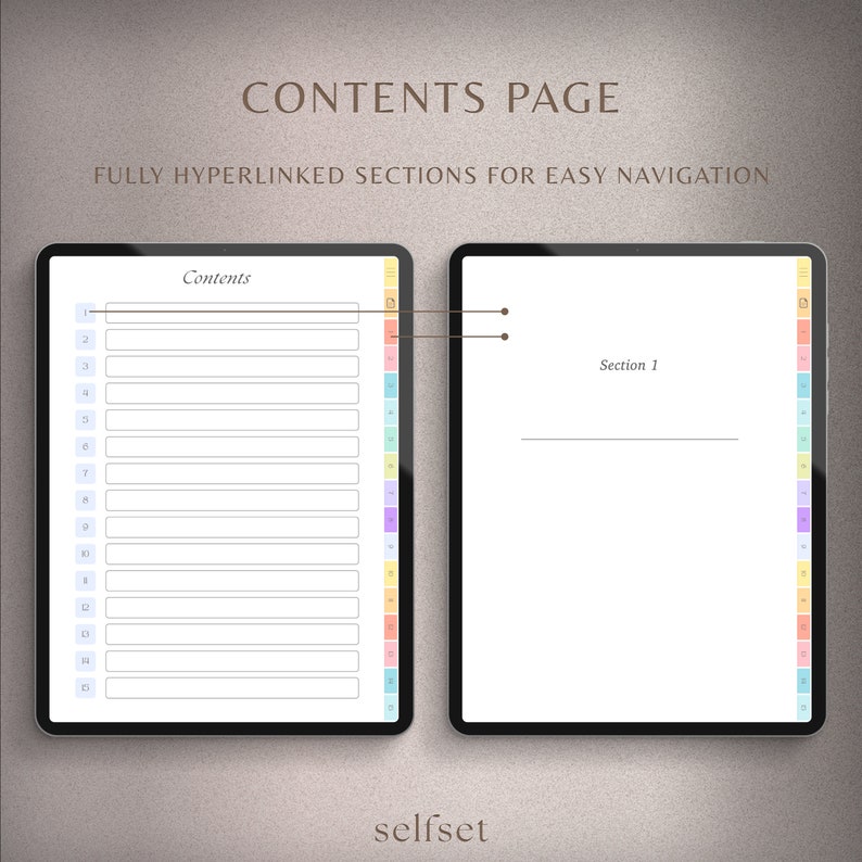 May include: A digital planner template with a contents page and a section for notes. The contents page has a numbered list of sections with a color-coded index. The notes section has a title and a blank space for writing.