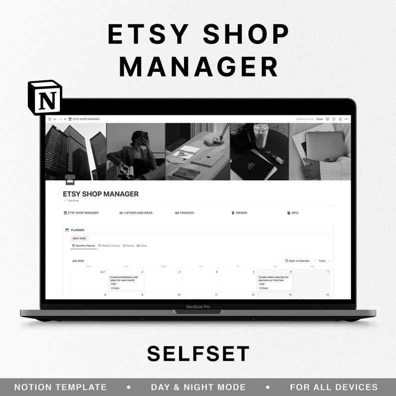 May include: A screenshot of a Notion template for managing an Etsy shop. The template includes sections for planning, listings and ideas, shop finances, orders, and info. The planner section features a calendar with tasks and deadlines.