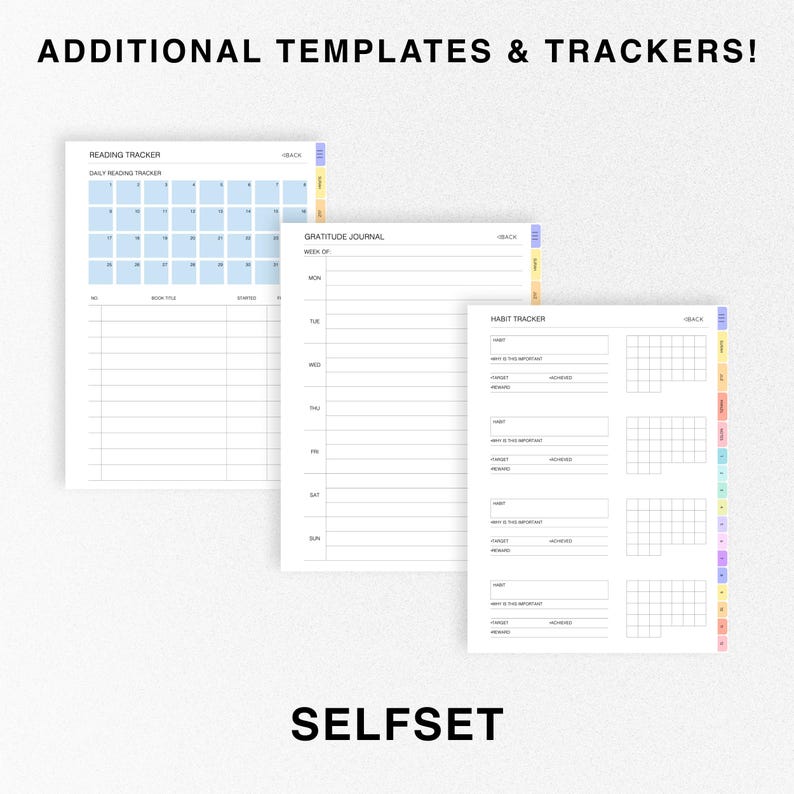 May include: Three printable planner pages with pastel colored borders. The pages are titled "Reading Tracker", "Gratitude Journal", and "Habit Tracker". The pages are designed for use with a planner or bullet journal.