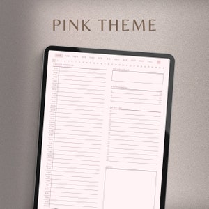 May include: A digital planner on a tablet with a pink theme. The screen displays a daily schedule, to-do list, and notes section. The text "PINK THEME" is at the top. The planner includes sections for the date, top priorities, and today's focus.