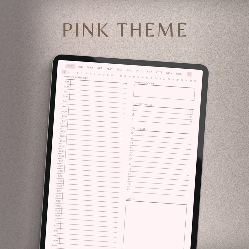 May include: A digital planner on a tablet with a pink theme. The screen displays a daily schedule, to-do list, and notes section. The text "PINK THEME" is at the top. The planner includes sections for the date, top priorities, and today's focus.