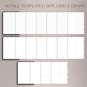 May include: 66 page templates for note-taking, journaling, or sketching. The templates include grid, dot grid, and graph paper designs.