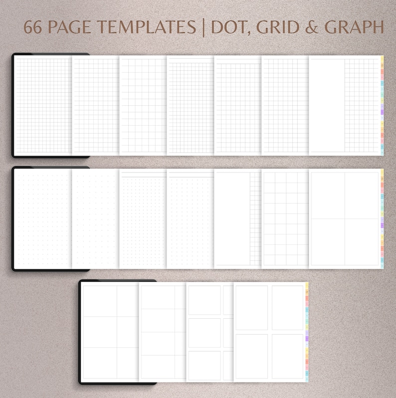 May include: 66 page templates for note-taking, journaling, or sketching. The templates include grid, dot grid, and graph paper designs.