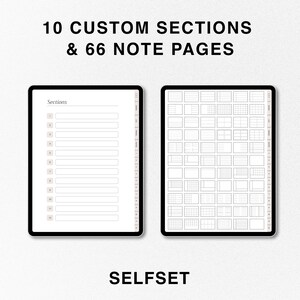 Op de afbeelding: Een digitale planner-sjabloon met 10 aangepaste secties en 66 notitiepagina's. De sjabloon wordt weergegeven op een tabletscherm. De tekst "SELFSET" wordt onder de tablet weergegeven.