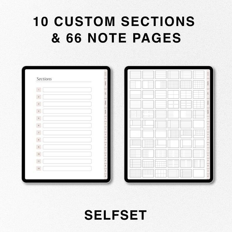 Op de afbeelding: Een digitale planner-sjabloon met 10 aangepaste secties en 66 notitiepagina's. De sjabloon wordt weergegeven op een tabletscherm. De tekst "SELFSET" wordt onder de tablet weergegeven.