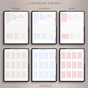 Peut inclure: Mod&egrave;les de planificateur num&eacute;rique dans les th&egrave;mes beige, arc-en-ciel et rose. Chaque th&egrave;me comprend une mise en page de critique de livre et de biblioth&egrave;que de livres. Le texte sur l'image indique "3 Premium Themes" et "selfset".