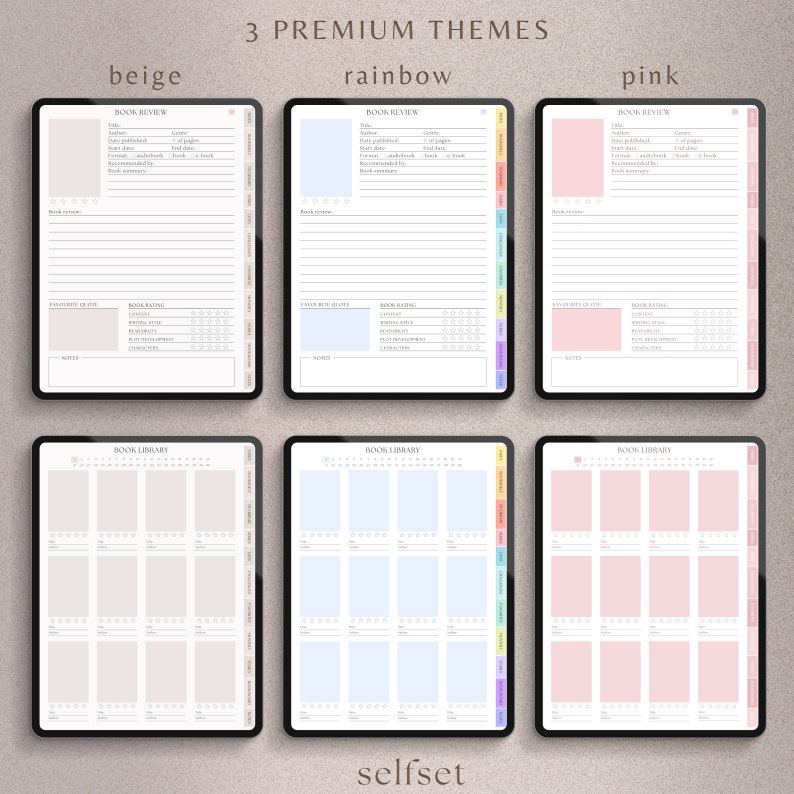Peut inclure: Mod&egrave;les de planificateur num&eacute;rique dans les th&egrave;mes beige, arc-en-ciel et rose. Chaque th&egrave;me comprend une mise en page de critique de livre et de biblioth&egrave;que de livres. Le texte sur l'image indique "3 Premium Themes" et "selfset".
