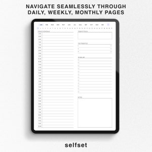May include: A black and white digital planner with a calendar view for January, a daily schedule, a to-do list, and a notes section. The planner is on a tablet with the word "selfset" at the bottom.