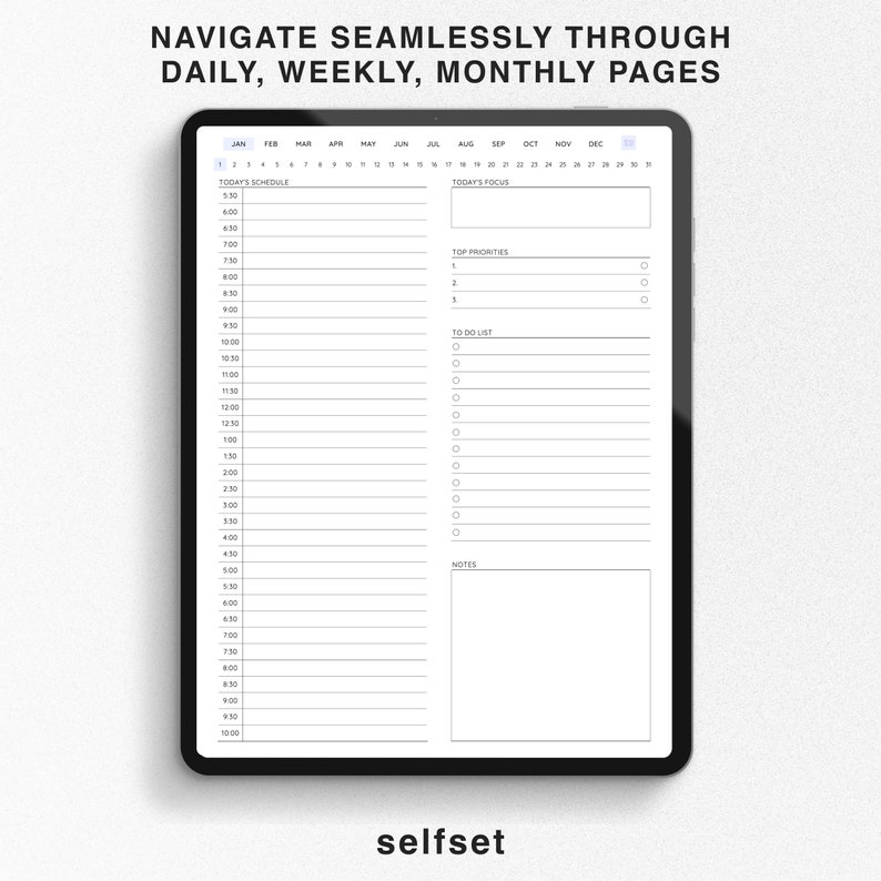 May include: A black and white digital planner with a calendar view for January, a daily schedule, a to-do list, and a notes section. The planner is on a tablet with the word "selfset" at the bottom.