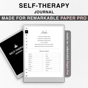 Könnte beinhalten: Ein Schwarzweißbild eines digitalen Tablets, auf dem ein Index für ein Selbsttherapie-Tagebuch angezeigt wird. Das Tagebuch ist für das Remarkable Paper Pro Tablet konzipiert. Der Index enthält Abschnitte wie "Die Kraft der Schattenarbeit", "Einführung in die Schattenarbeit", "Die Vorteile der Schattenarbeit", "Ein Blick auf mich selbst", "Schattenarbeitspraktiken & Übungen TEIL 1", "Schattenarbeitspraktiken & Übungen TEIL 2" und "Entdecke dich selbst".