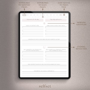 May include: A digital planner page with a calendar, daily affirmations, and prompts for gratitude, reflection, and personal growth. The page is designed for self-improvement and mindfulness.