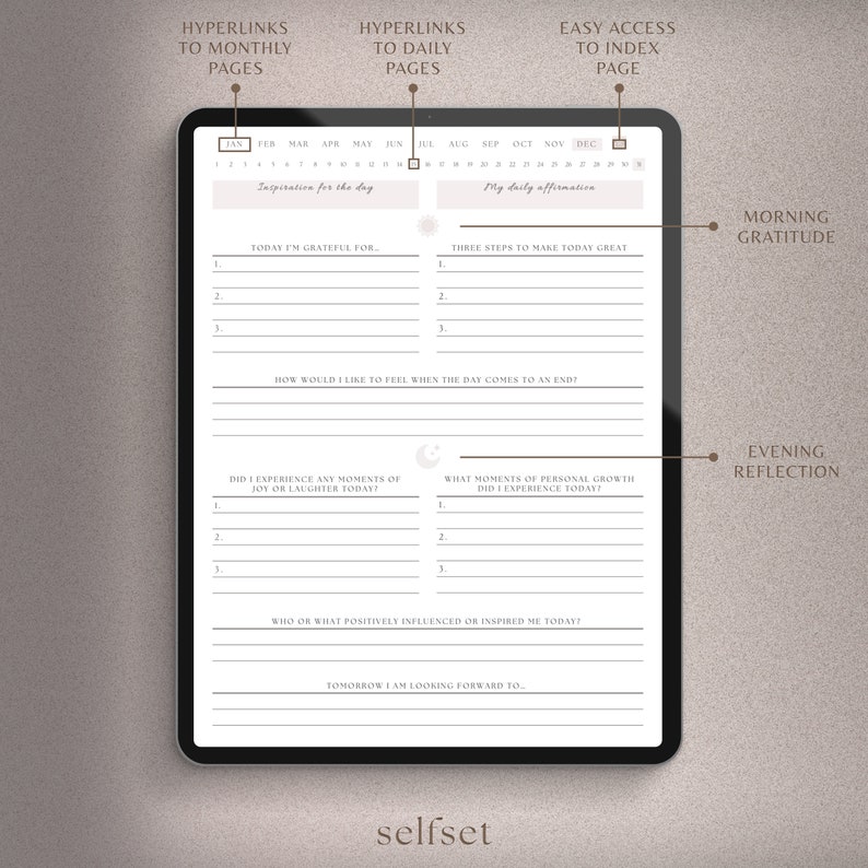 May include: A digital planner page with a calendar, daily affirmations, and prompts for gratitude, reflection, and personal growth. The page is designed for self-improvement and mindfulness.