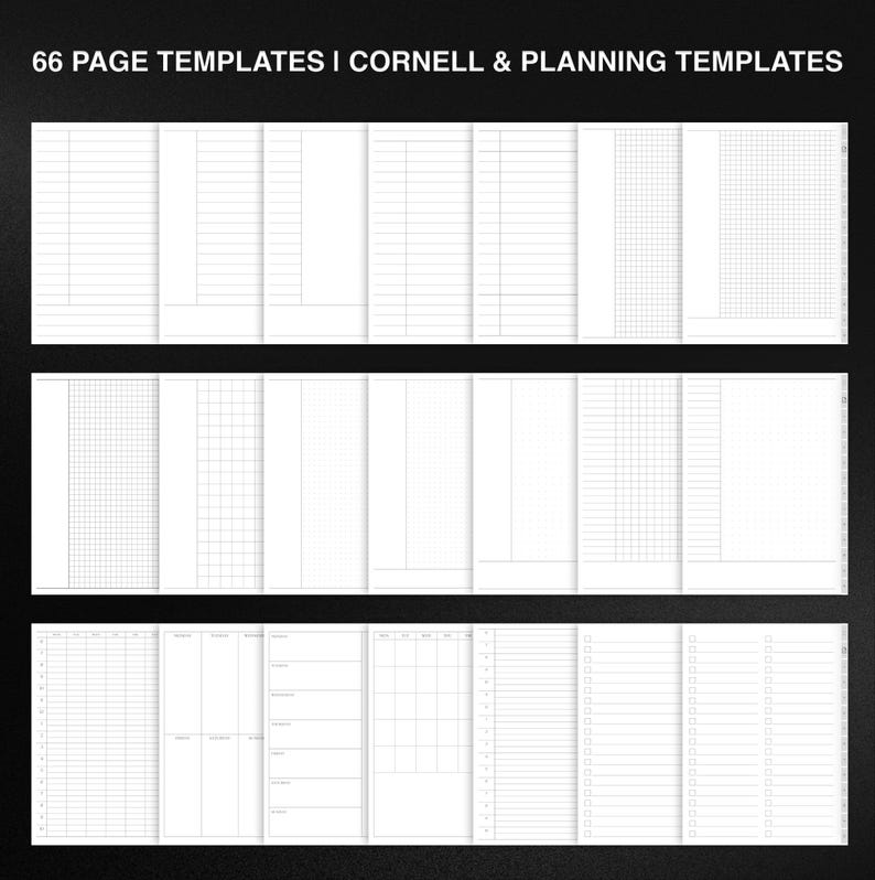 Puede incluir: 66 plantillas de p&aacute;gina imprimibles para tomar notas y planificar. Las plantillas incluyen papel rayado, papel cuadriculado, plantillas de toma de notas de Cornell y plantillas de planificador semanal.