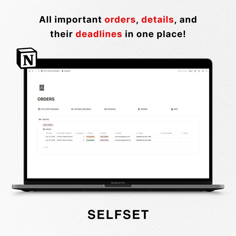 May include: A screenshot of a computer screen showing a website with the title "ORDERS". The website is organized into tabs, including "Etsy Shop Manager", "Listings and Ideas", "Franchises", "Orders", and "Info". The "Orders" tab displays a table with columns for "Date", "Order", "Product", "Quantity", "Status", "Buyer", "Email", "Action Items", "Files & Media", and "Notes".