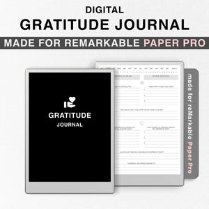 Puede incluir: Un diario de gratitud digital diseñado para la tableta reMarkable Paper Pro. El diario presenta un diseño en blanco y negro con un icono de corazón y mano y el texto "Gratitude Journal".