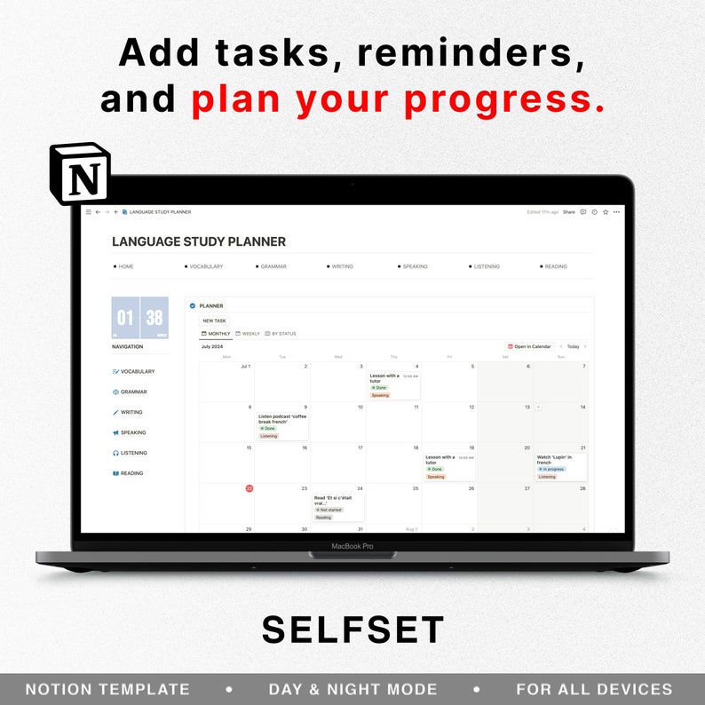 May include: A screenshot of a Notion template for a language study planner. The template includes a calendar, a list of tasks, and a progress tracker. The template is designed to help users plan and track their language learning journey. The text "SELFSET" is displayed at the bottom of the image.