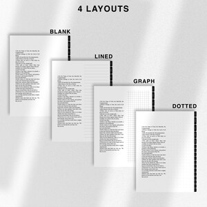 May include: Four different notebook layouts: blank, lined, graph, and dotted. Each layout features a sample text passage with the title "In the Name of God, the Merciful, the Compassionate".