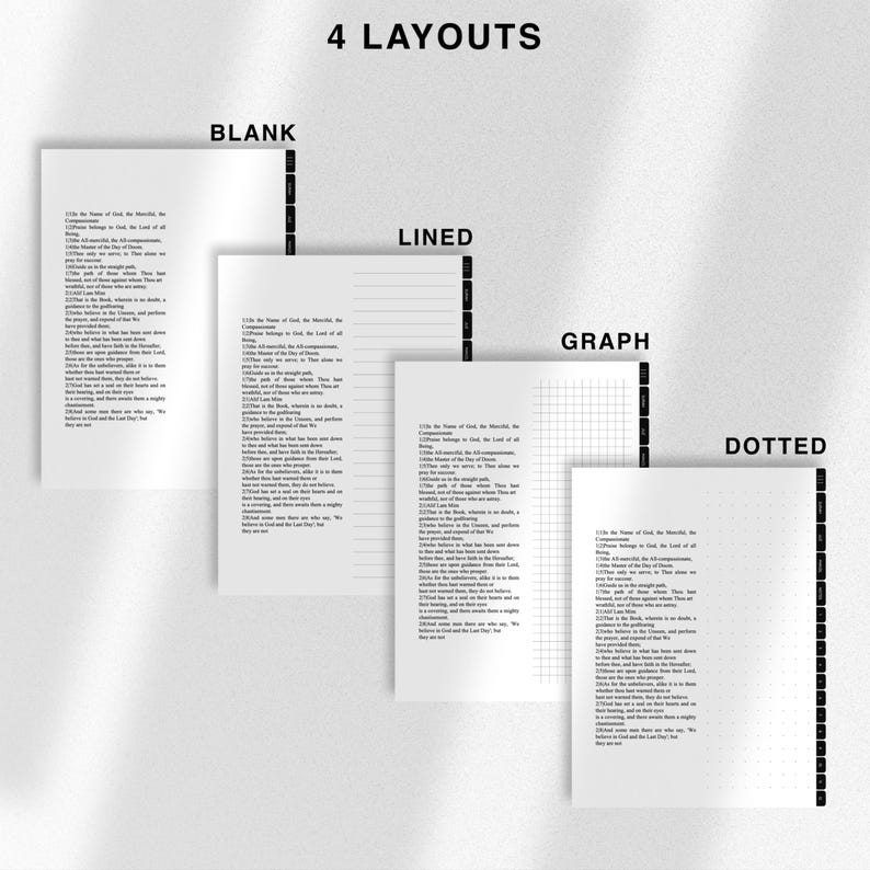 May include: Four different notebook layouts: blank, lined, graph, and dotted. Each layout features a sample text passage with the title "In the Name of God, the Merciful, the Compassionate".