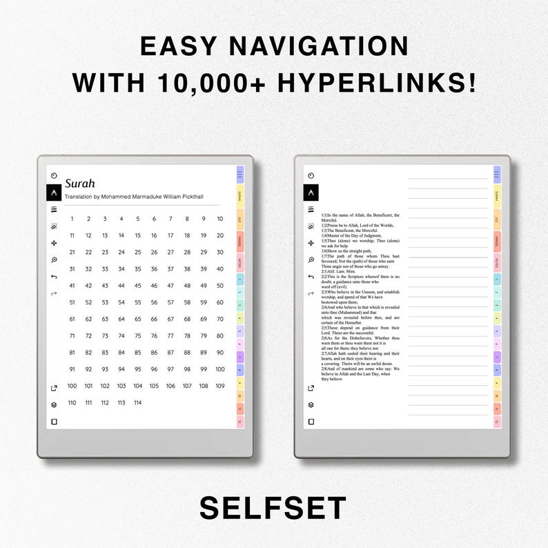 May include: A digital planner with a light gray background and a white border. The planner has a table of numbers from 1 to 114. The text "Surah" and "Translation by Mohammed Marmaduke William Pickthall" is at the top of the page. The right side of the page has a white background with a light gray border. The text "In the name of Allah, the Beneficent, the Merciful" is at the top of the page. The text continues with a passage from the Quran.