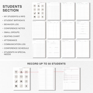 May include: A printable student planner with a grid layout and sections for student information, birthdays, behavior logs, conference notes, seating charts, attendance, communication logs, conference schedules, and students with special needs. The planner is designed to record up to 50 students.