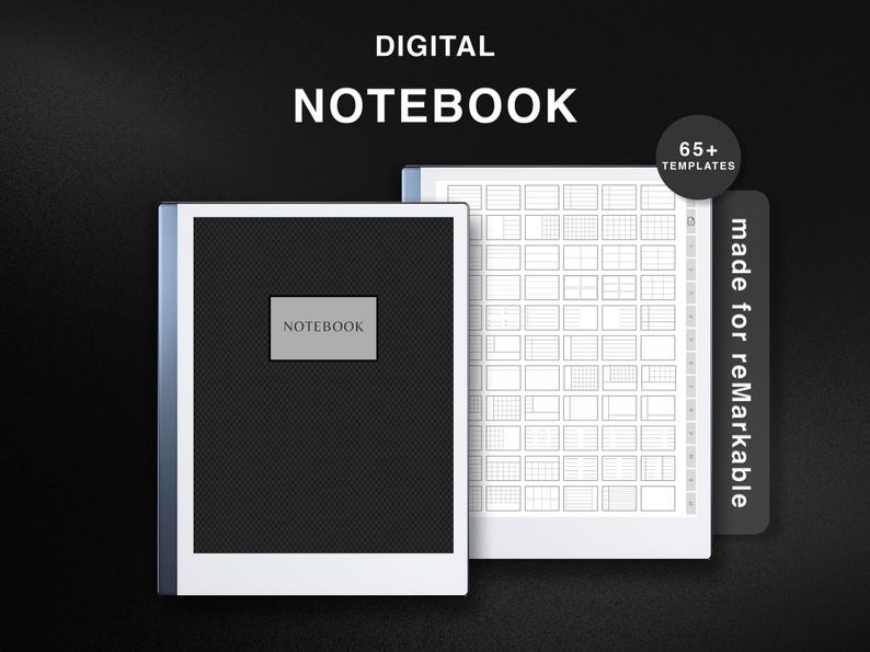 Puede incluir: Cuaderno digital con m&aacute;s de 65 plantillas hechas para la tableta Remarkable. La cubierta del cuaderno es negra con una etiqueta blanca "NOTEBOOK". Las plantillas se muestran en una p&aacute;gina blanca.