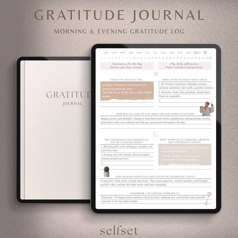May include: A digital tablet with a gratitude journal template on the screen. The template includes sections for daily affirmations, inspiration, and personal growth. The journal is designed to help users focus on positive experiences and cultivate gratitude.