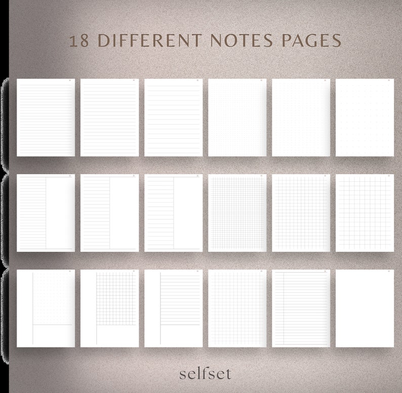 Puede incluir: 18 p&aacute;ginas de notas diferentes, incluyendo p&aacute;ginas rayadas, cuadriculadas y en blanco. Las p&aacute;ginas son blancas y tienen una textura sutil.