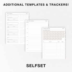 Op de afbeelding: Drie afdrukbare plannerpagina's met een witte achtergrond en zwarte tekst. De pagina's zijn getiteld "Habit Tracker", "Gratitude Journal" en "Reading Tracker". De pagina's zijn ontworpen om mensen te helpen hun gewoontes bij te houden, dingen op te schrijven waar ze dankbaar voor zijn en hun leesgedrag bij te houden.