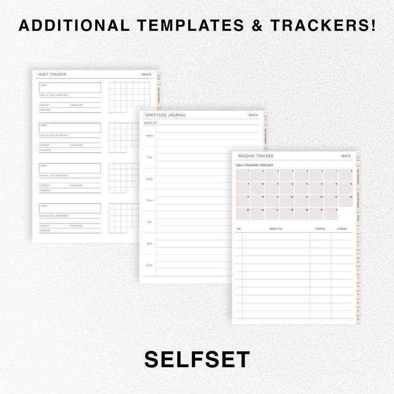 Op de afbeelding: Drie afdrukbare plannerpagina's met een witte achtergrond en zwarte tekst. De pagina's zijn getiteld "Habit Tracker", "Gratitude Journal" en "Reading Tracker". De pagina's zijn ontworpen om mensen te helpen hun gewoontes bij te houden, dingen op te schrijven waar ze dankbaar voor zijn en hun leesgedrag bij te houden.
