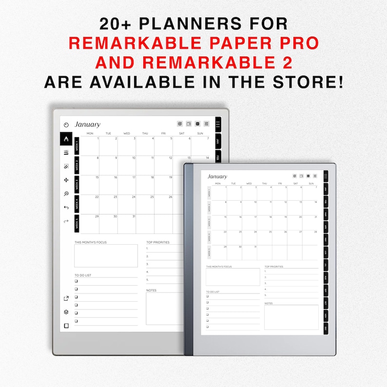 May include: Two digital planners for the Remarkable Paper Pro and Remarkable 2 tablets. The planners are open to show a monthly calendar, a to-do list, and a notes section. The text "20+ PLANNERS FOR REMARKABLE PAPER PRO AND REMARKABLE 2 ARE AVAILABLE IN THE STORE!" is displayed at the top of the image.