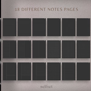 Puede incluir: 18 p&aacute;ginas de notas diferentes en blanco y negro. Las p&aacute;ginas son rayadas, cuadriculadas y en blanco. Las p&aacute;ginas est&aacute;n dispuestas en una cuadr&iacute;cula. El texto "selfset" est&aacute; en la parte inferior de la imagen.