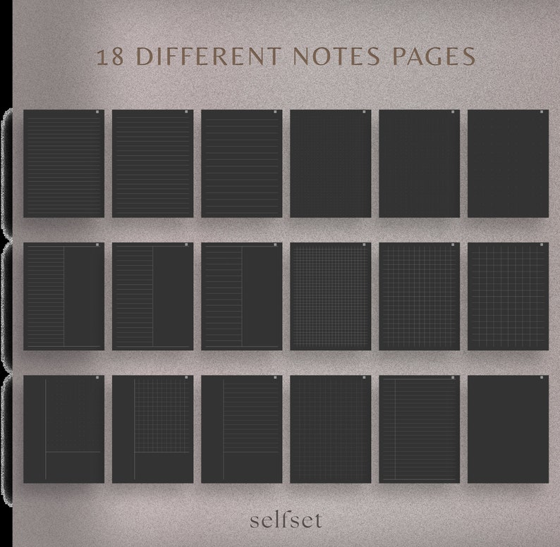 Puede incluir: 18 p&aacute;ginas de notas diferentes en blanco y negro. Las p&aacute;ginas son rayadas, cuadriculadas y en blanco. Las p&aacute;ginas est&aacute;n dispuestas en una cuadr&iacute;cula. El texto "selfset" est&aacute; en la parte inferior de la imagen.