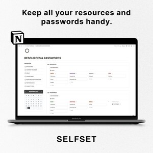 Puede incluir: Una captura de pantalla de una computadora port&aacute;til que muestra una aplicaci&oacute;n web para administrar recursos y contrase&ntilde;as. La aplicaci&oacute;n se llama "Selfset" y tiene un calendario, una lista de recursos y una lista de contrase&ntilde;as. La aplicaci&oacute;n est&aacute; dise&ntilde;ada para ayudar a los usuarios a realizar un seguimiento de su informaci&oacute;n importante.