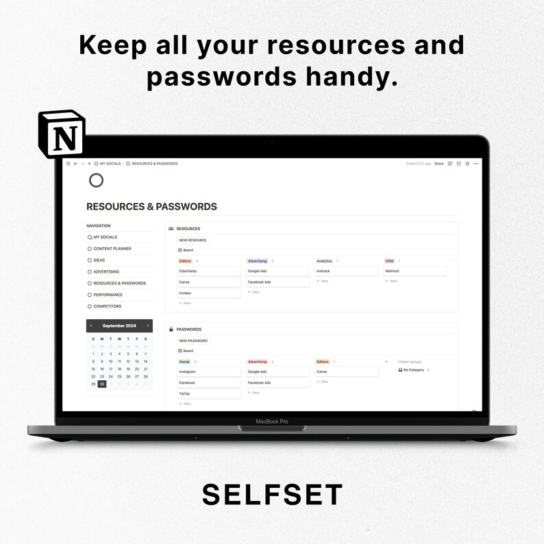 Puede incluir: Una captura de pantalla de una computadora port&aacute;til que muestra una aplicaci&oacute;n web para administrar recursos y contrase&ntilde;as. La aplicaci&oacute;n se llama "Selfset" y tiene un calendario, una lista de recursos y una lista de contrase&ntilde;as. La aplicaci&oacute;n est&aacute; dise&ntilde;ada para ayudar a los usuarios a realizar un seguimiento de su informaci&oacute;n importante.
