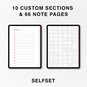 Peut inclure: Un mod&egrave;le de planificateur num&eacute;rique avec 10 sections personnalis&eacute;es et 66 pages de notes. Le mod&egrave;le est affich&eacute; sur l'&eacute;cran d'une tablette avec un fond blanc. Le texte "SELFSET" est affich&eacute; sous la tablette.