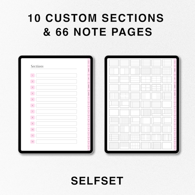 Peut inclure: Un mod&egrave;le de planificateur num&eacute;rique avec 10 sections personnalis&eacute;es et 66 pages de notes. Le mod&egrave;le est affich&eacute; sur l'&eacute;cran d'une tablette avec un fond blanc. Le texte "SELFSET" est affich&eacute; sous la tablette.