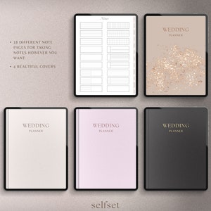 May include: A digital wedding planner with four different cover options. The covers are beige, pink, black, and a beige background with gold glitter. The planner includes 18 different note pages for taking notes.