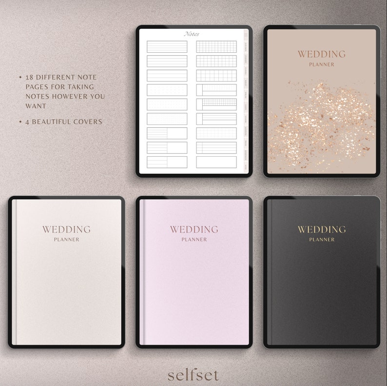 May include: A digital wedding planner with four different cover options. The covers are beige, pink, black, and a beige background with gold glitter. The planner includes 18 different note pages for taking notes.
