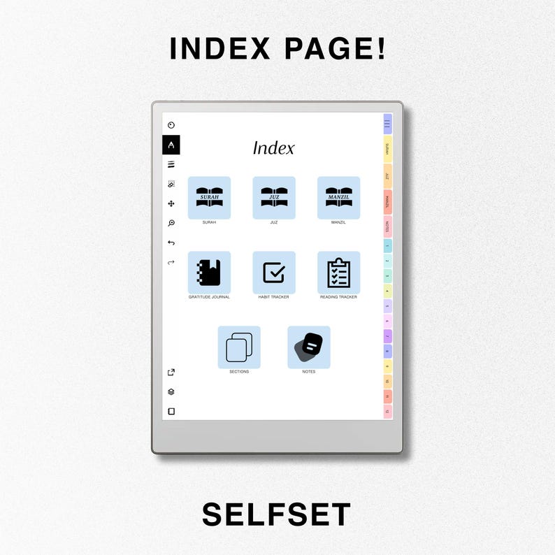 May include: A digital planner app interface with the title "Index" and icons for different sections, including "Surah", "Juz", "Manzil", "Gratitude Journal", "Habit Tracker", "Reading Tracker", "Sections", and "Notes".