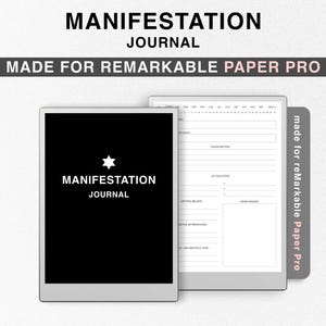 Może przedstawiać: Cyfrowy dziennik Manifestacji dla reMarkable Paper Pro. Dziennik ma czarną okładkę z białym tekstem i gwiazdą. Otwarty dziennik pokazuje stronę w linie z sekcjami do wizualizacji, kroków działania i tablicy wizji.