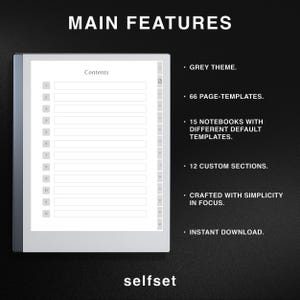 Puede incluir: Un planificador digital con un tema gris, 66 plantillas de p&aacute;gina, 15 cuadernos con diferentes plantillas predeterminadas, 12 secciones personalizadas, elaborado con la simplicidad como foco, y descarga instant&aacute;nea. El planificador tiene una tabla de contenido con 12 entradas numeradas.