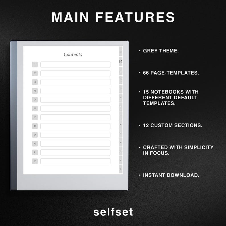 Puede incluir: Un planificador digital con un tema gris, 66 plantillas de p&aacute;gina, 15 cuadernos con diferentes plantillas predeterminadas, 12 secciones personalizadas, elaborado con la simplicidad como foco, y descarga instant&aacute;nea. El planificador tiene una tabla de contenido con 12 entradas numeradas.