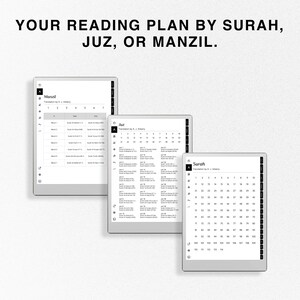 May include: A digital reading plan for the Quran, organized by Surah, Juz, and Manzil. The plan is displayed on three separate screens, each with a different organization method.