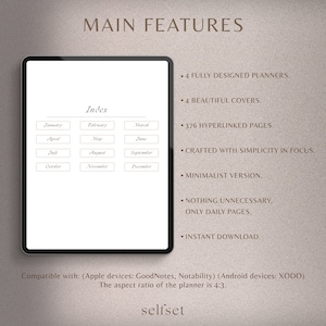 May include: A digital planner displayed on a tablet, featuring an index with month tabs. The image includes the text "MAIN FEATURES" and bullet points highlighting the planner's key aspects, such as fully designed planners, beautiful covers, and instant download.